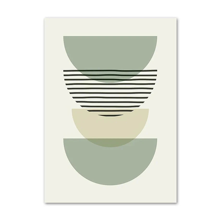 Soft green abstract canvas print with layered half circles and horizontal black line details.