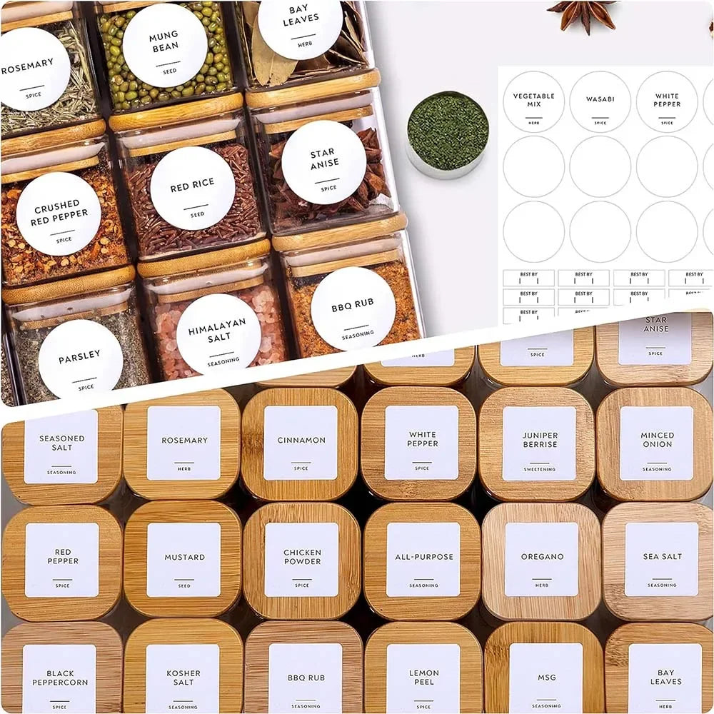 Collection of wooden spice containers with labels and a sheet of round labels.