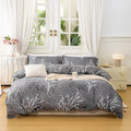 Grey 3-piece polyester bedding set with white botanical branch print and matching pillowcases