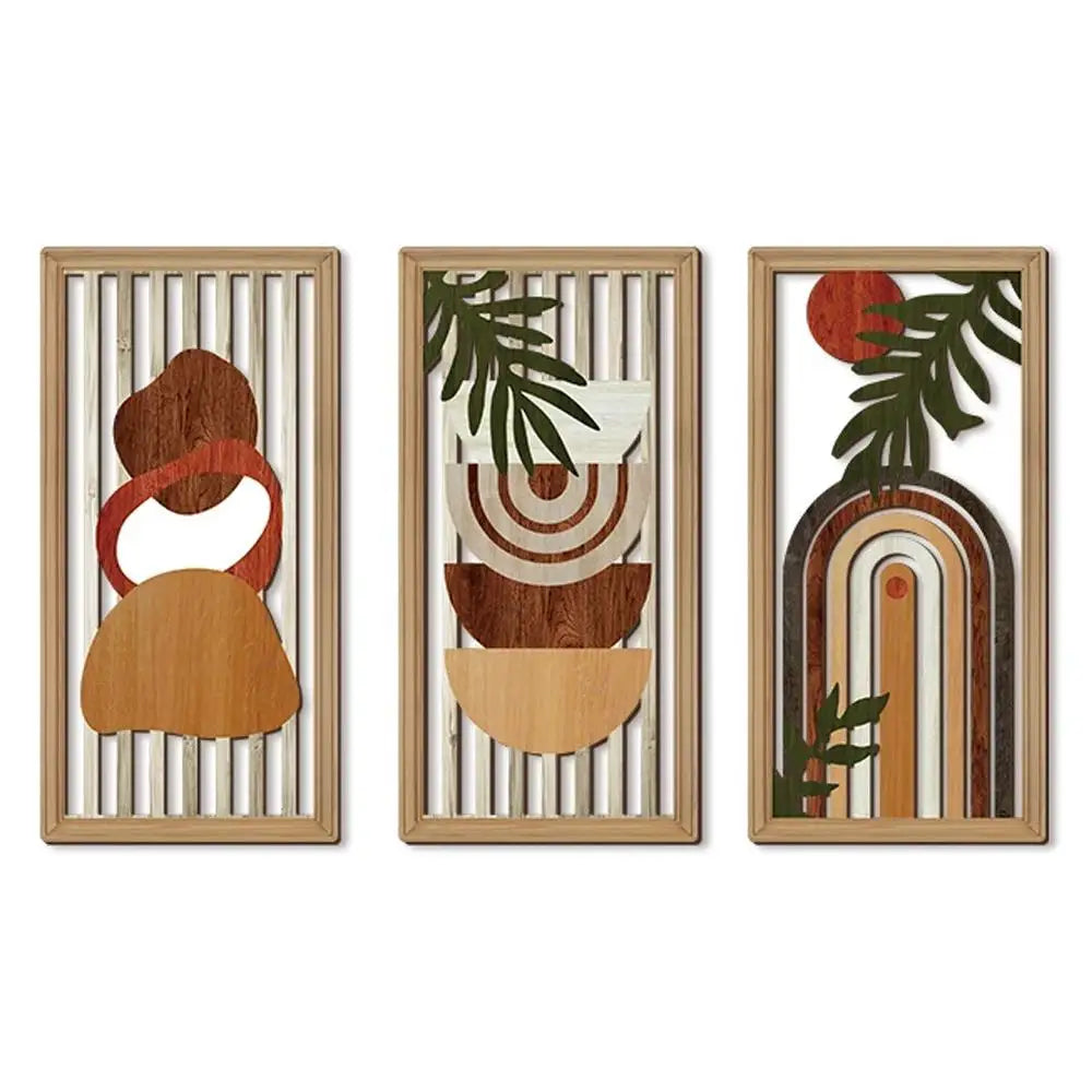 Set of three abstract wall art pieces with wooden frames on a white background