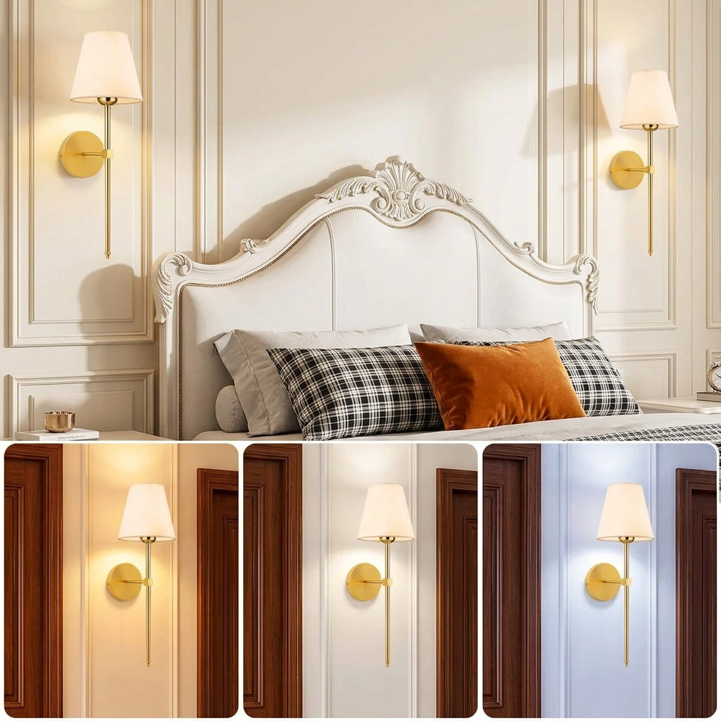 Wall sconce with three color temperature options displayed in a bedroom setting.