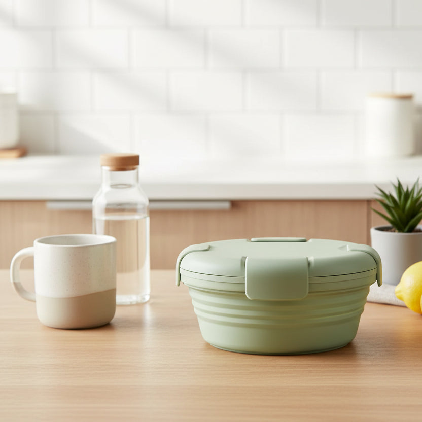 Green collapsible container on a wooden surface with a mug and bottle in the background.
