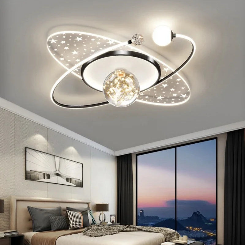 Black elliptical planet LED ceiling light with star panels and crystal detail, 60×60cm