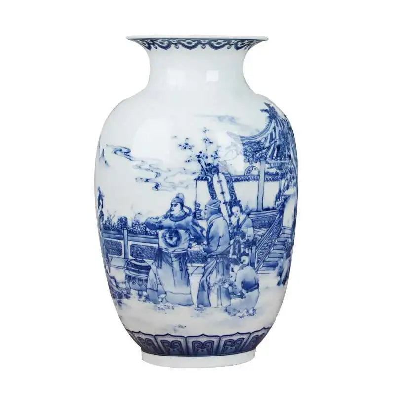 Blue and white ceramic vase with classical scene design on a white background