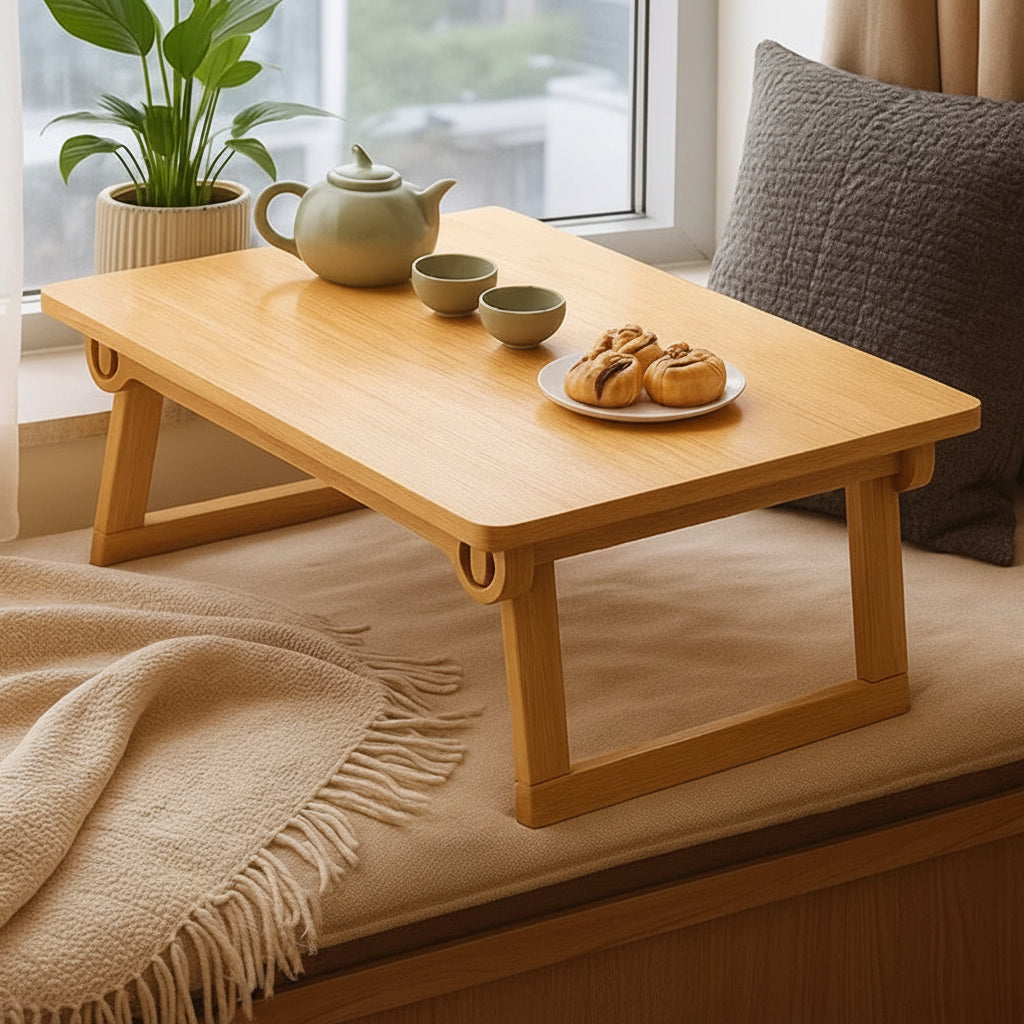 Natural wood folding table in 60 x 40 x 33cm size with foldable legs and pine tabletop detail.