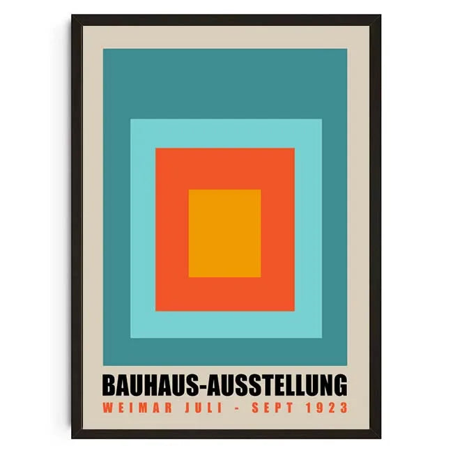 Framed poster with geometric design and text about Bauhaus-Ausstellung