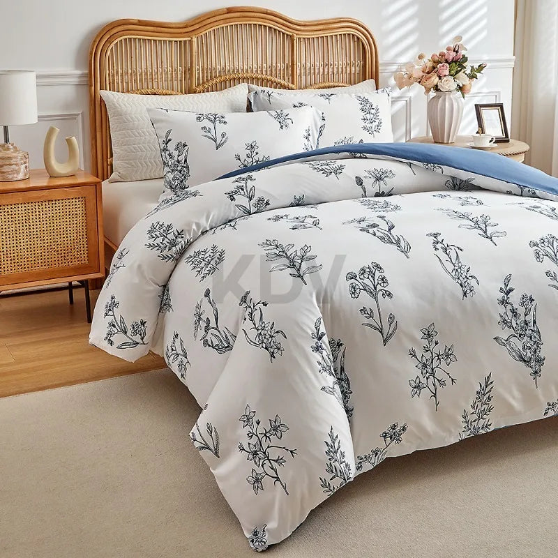 White duvet cover set with black wildflower sketch print and blue reverse detail