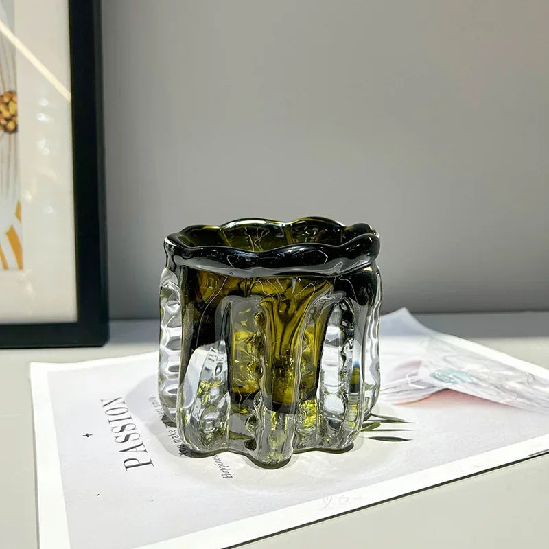Olive smoke sculpted glass vase, small, 10cm height, 12cm width
