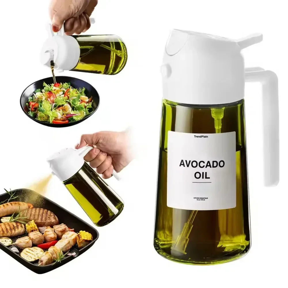 Olive oil bottle with a label indicating 'Avocado Oil' being used on food.