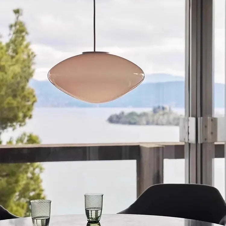Large glass LED ceiling shade with adjustable suspension cable, measuring 37cm wide and 20cm high.