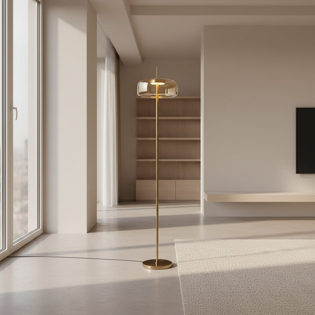 Minimalist gold floor lamp with amber glass shade lit in a warm glow.
