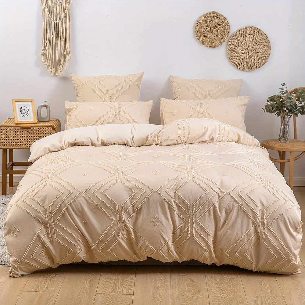 Warm sand duvet cover set with subtle embroidered texture