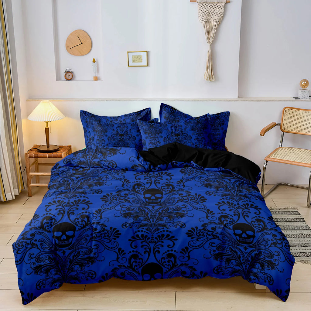 Cobalt blue skull print duvet cover set styled on a bed with matching pillowcases