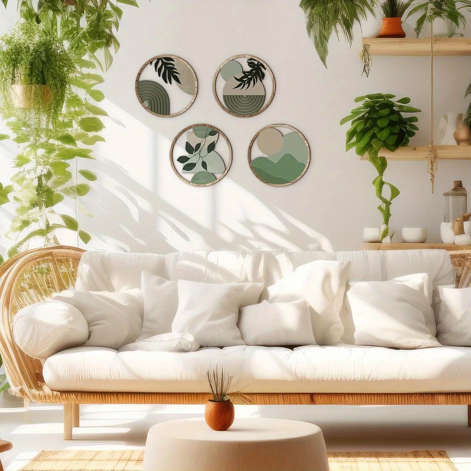 Modern living room with a white sofa, decorative pillows, and wall art.