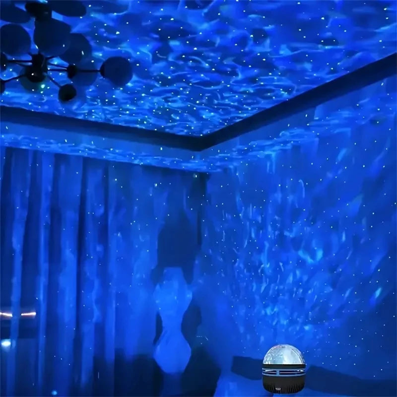 Room with starry sky ceiling projection and a device emitting the light.
