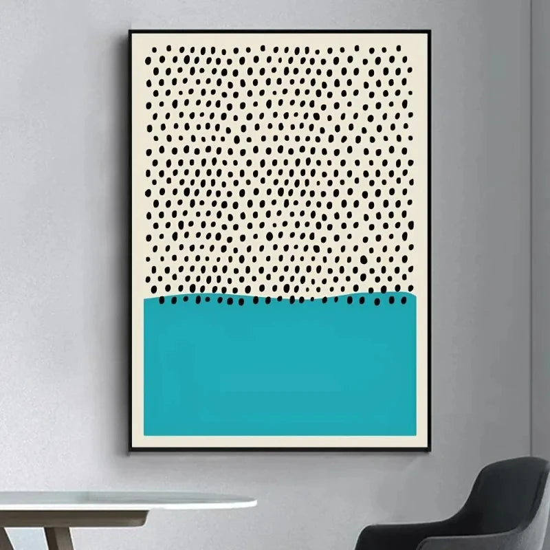 Contemporary cotton canvas print with black dot pattern over a bright aqua blue lower block