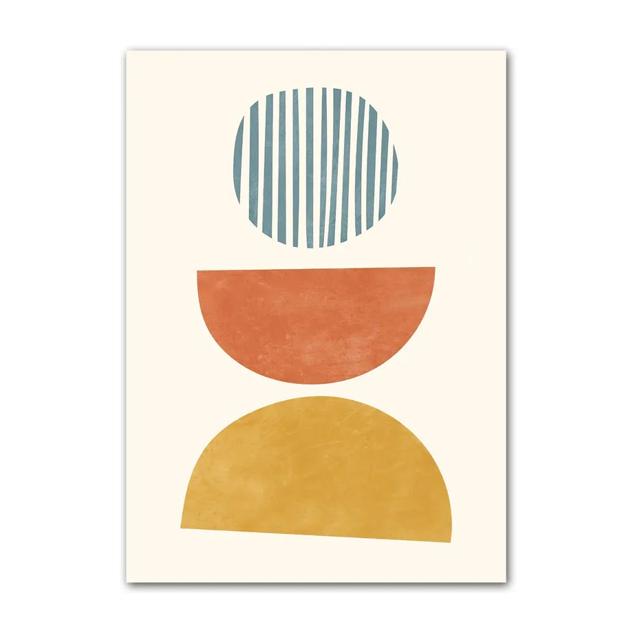 Abstract geometric canvas print with striped blue circle and stacked terracotta and mustard semicircles