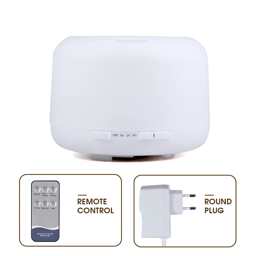 White electronic ultrasonic humidifier with remote control and round plug illustrations on a white background