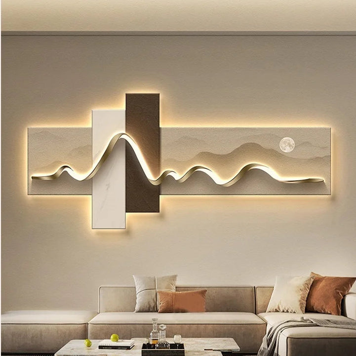 Modern living room with a decorative wall light fixture.