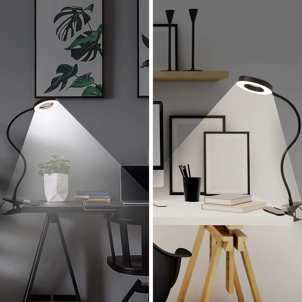 Collage of a modern desk lamp in different settings with a plant and books.