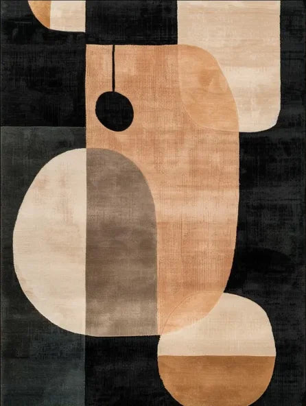 Abstract geometric rug with brown, beige, and black shapes on a dark background