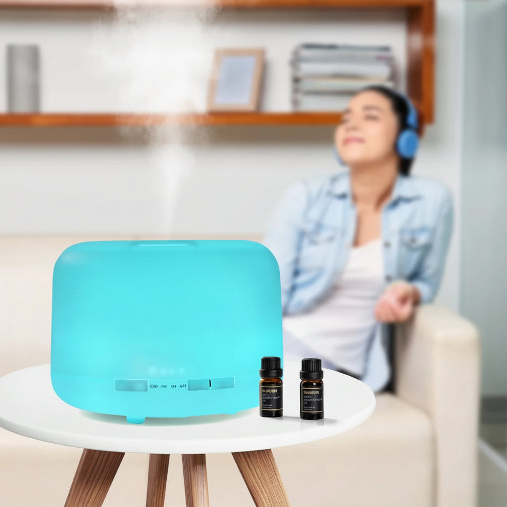 Turquoise essential oil diffuser on a table with a woman in the background
