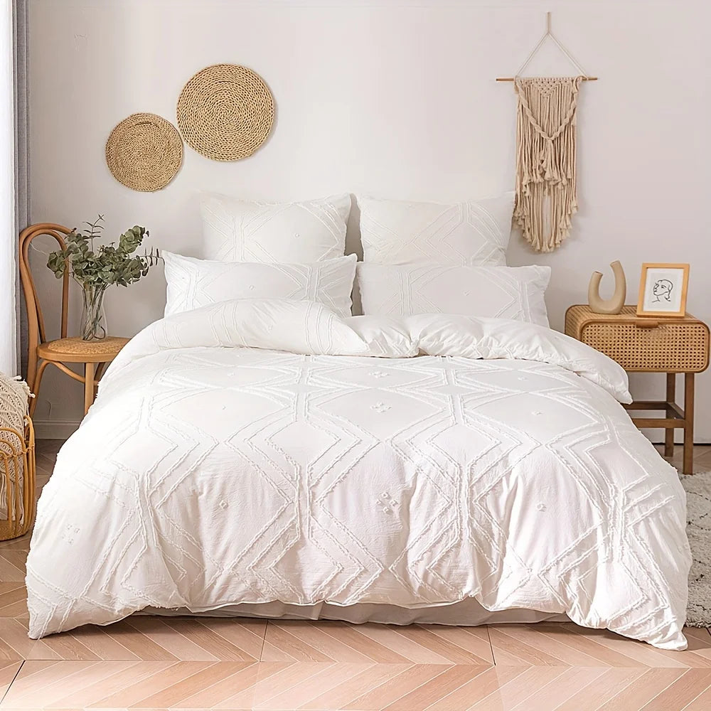 White geometric duvet cover set in a minimalist bedroom interior