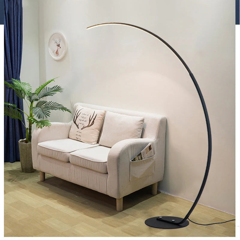 Modern living room with a beige sofa and a tall arc floor lamp.