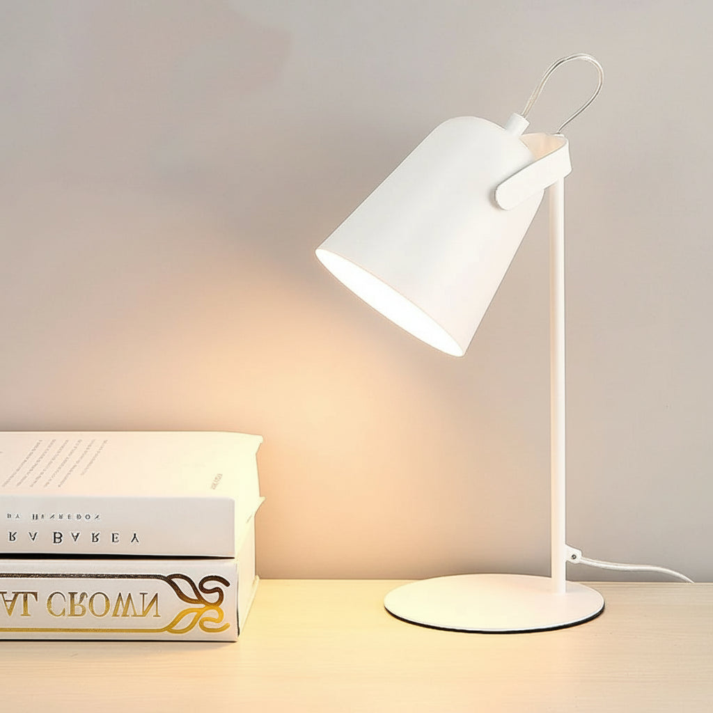 White desk lamp with dimensions on a neutral background