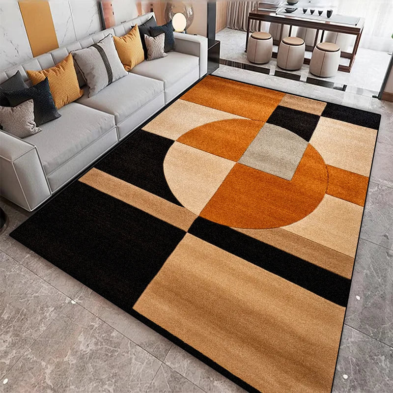Black and amber geometric rug with large circle and colour-block layout styled in a minimalist living room setting
