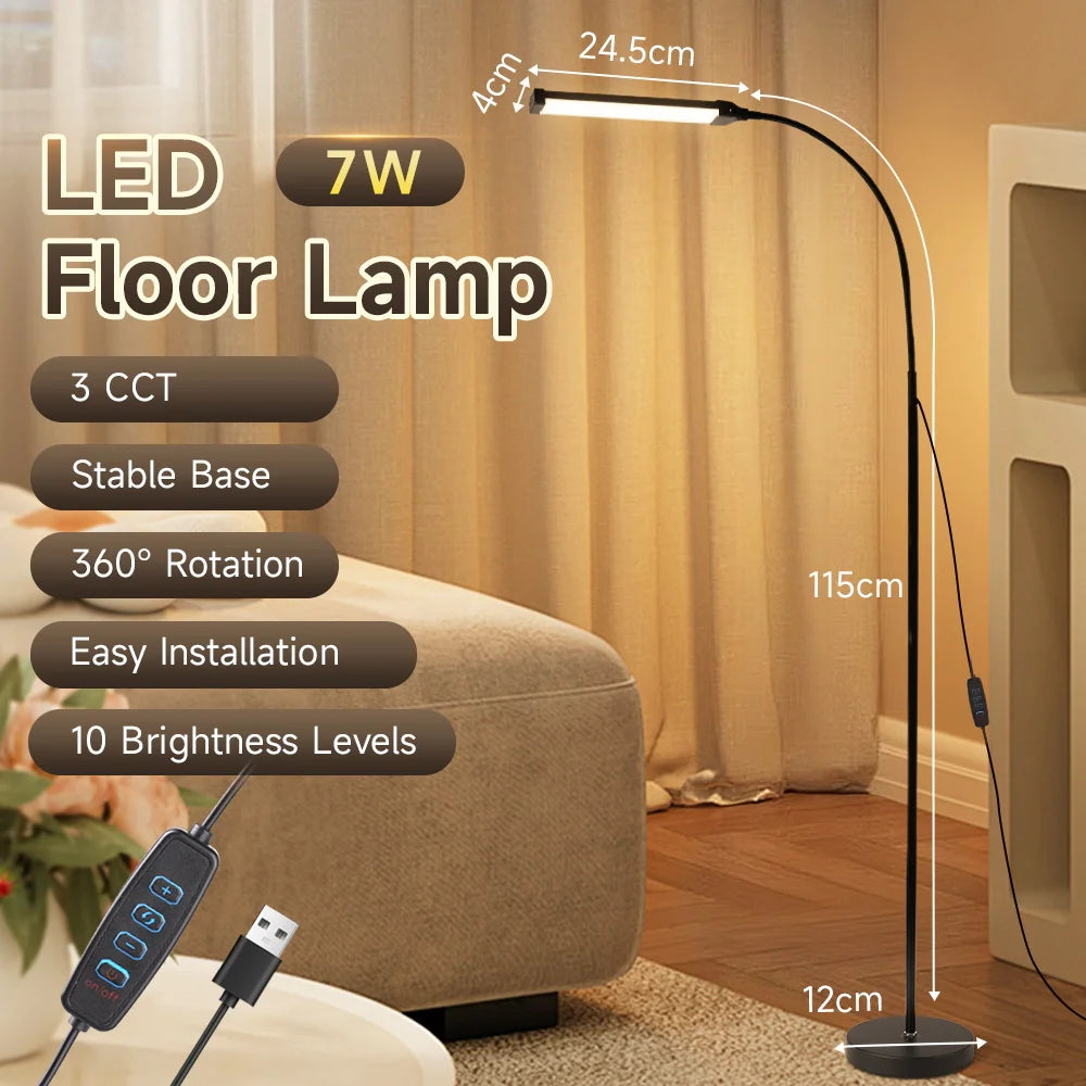 LED floor lamp with specifications in a living room setting
