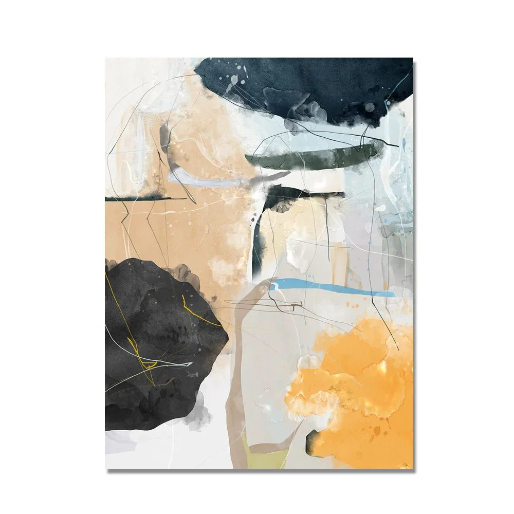 Abstract art print with black, orange, and beige colors on a white background