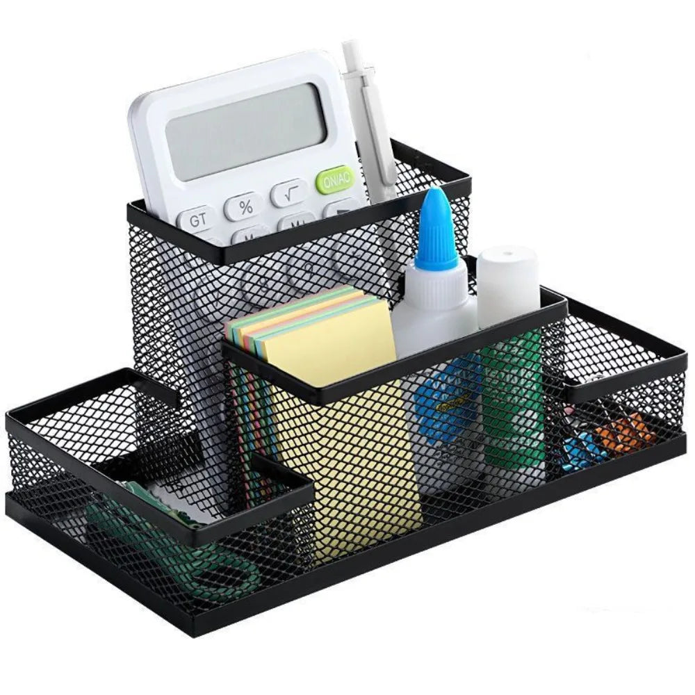 Black mesh desk organizer with office supplies on a white background