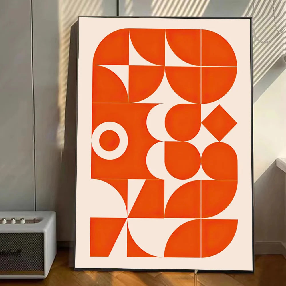 Orange geometric Bauhaus canvas print with bold abstract shapes on a neutral background