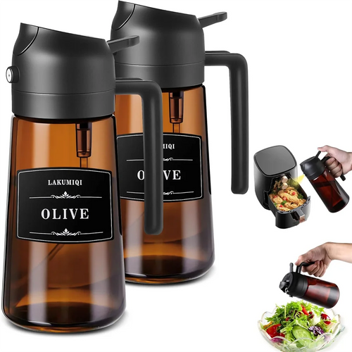 Two brown oil bottle dispensers with black lids labelled 'OLIVE' on a white background.