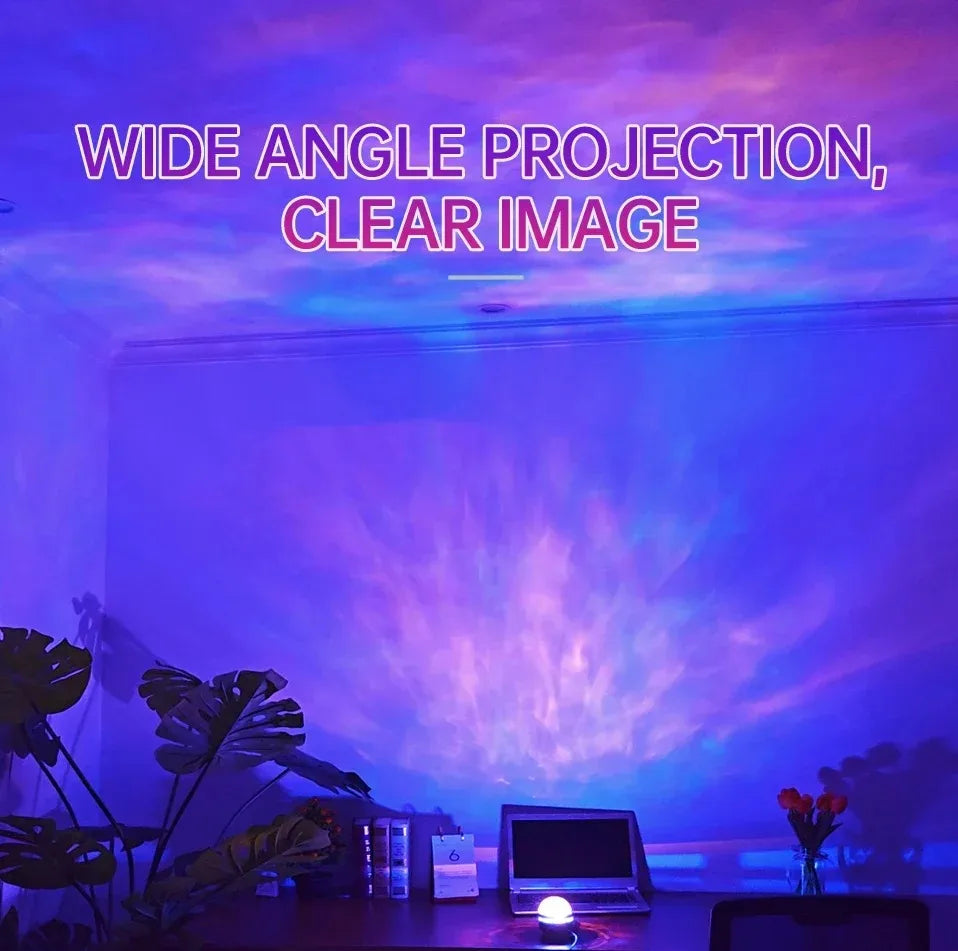 Room with a wide-angle projection of a colorful sky onto the wall, featuring text 'WIDE ANGLE PROJECTION, CLEAR IMAGE'.