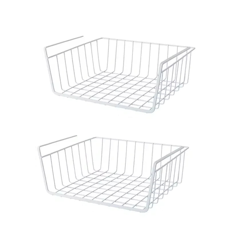 Two white wire baskets with dimensions on a white background