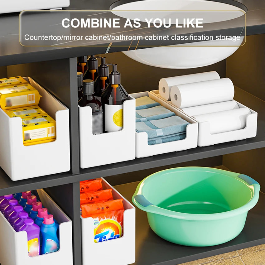 Shelving unit with various storage bins and containers on a countertop.