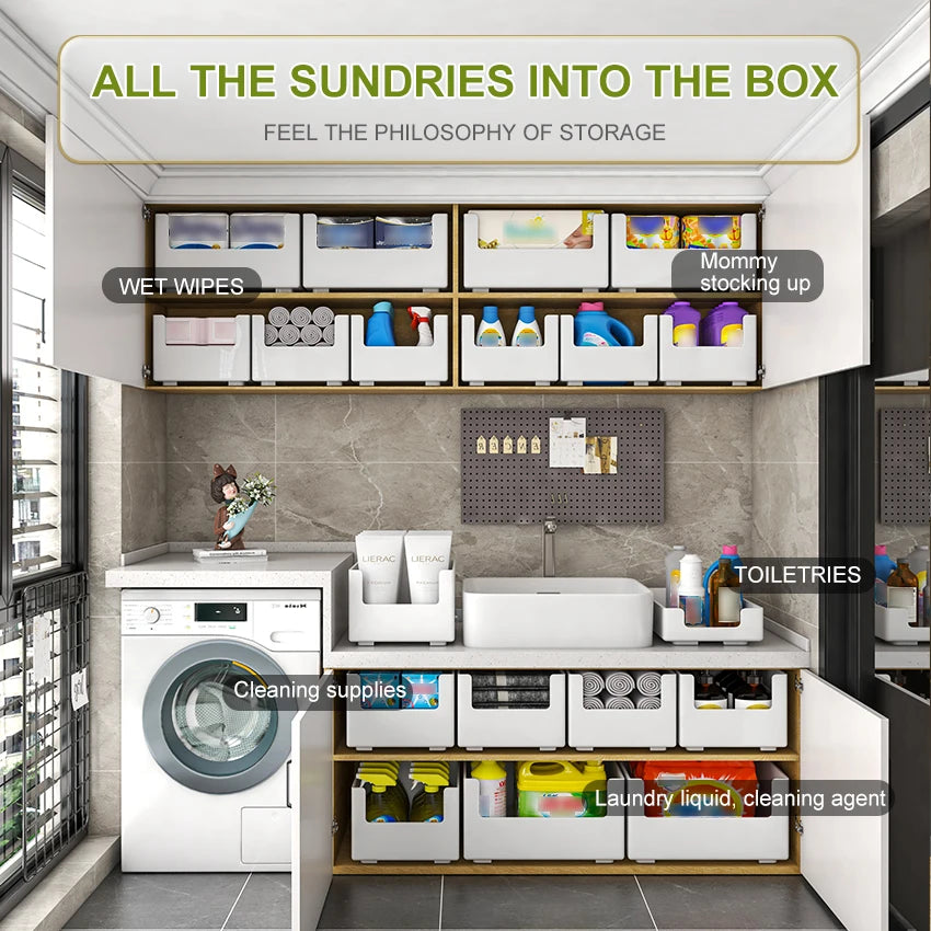 Storage solution with labeled compartments in a kitchen setting