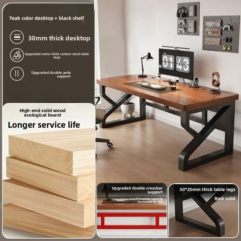 Wooden desk with black metal legs in a room setting, featuring text on desk specifications.