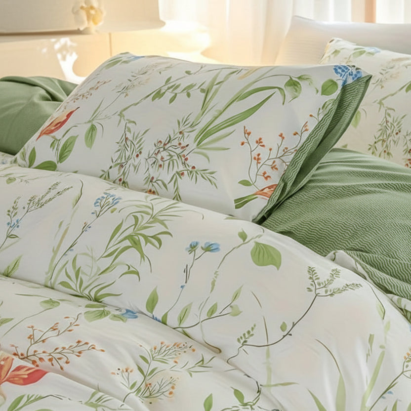 Floral and bird print duvet cover set with soft green reverse on a styled bed