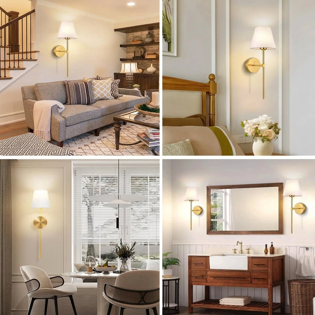 Collage of four rooms: 'Living room', 'Bedroom', 'Dining room', and 'Bathroom', each with decorative sconce elements.