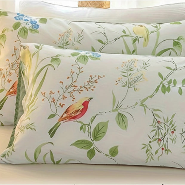 Close-up of floral duvet cover set with green reverse and machine washable detail