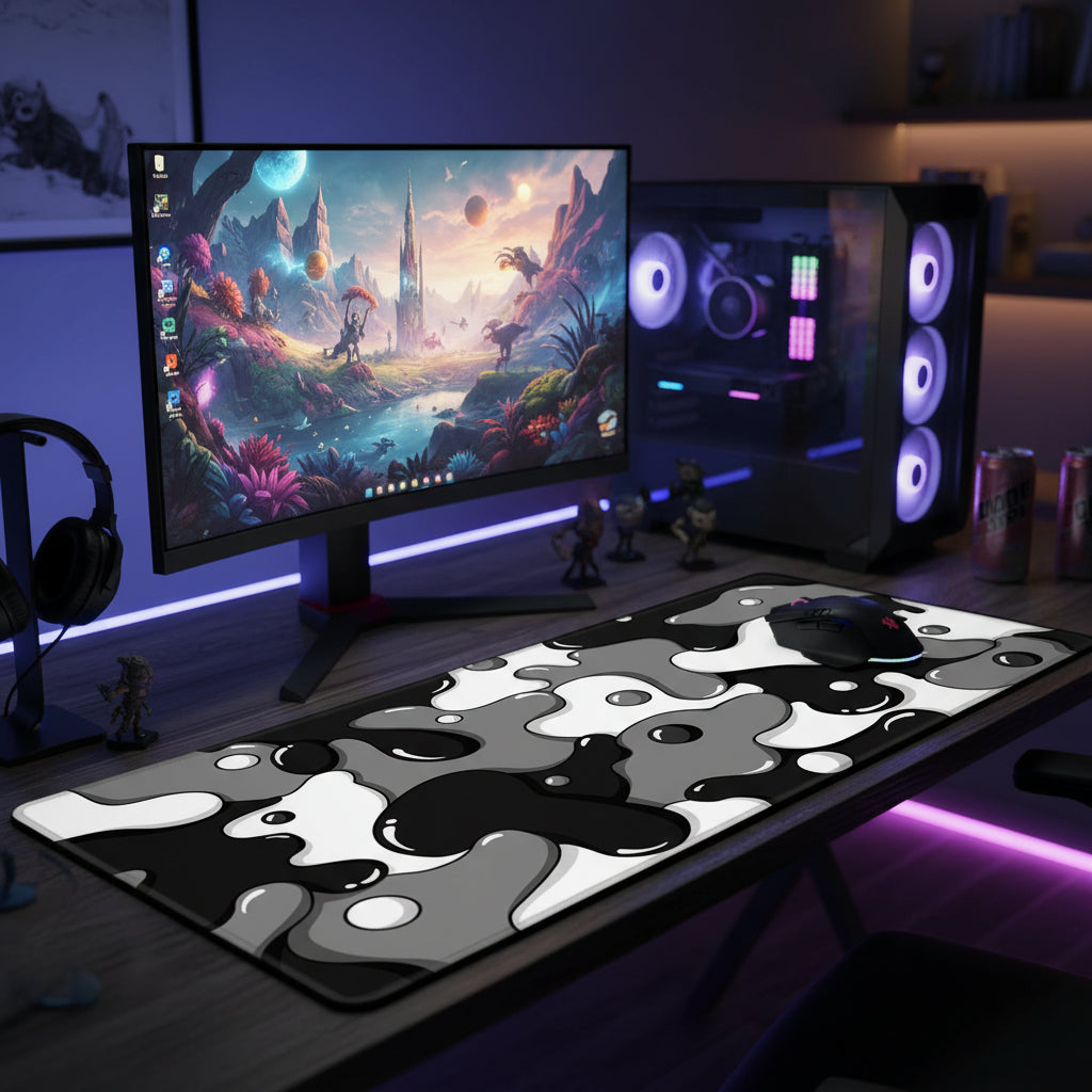 An extended monochrome abstract mouse pad measuring 80 x 30cm.