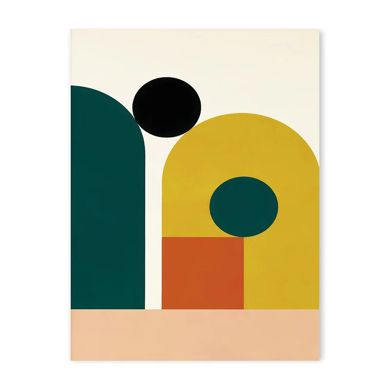 Abstract canvas print with deep green and mustard arch shapes, black circle, and rust block on a soft neutral background