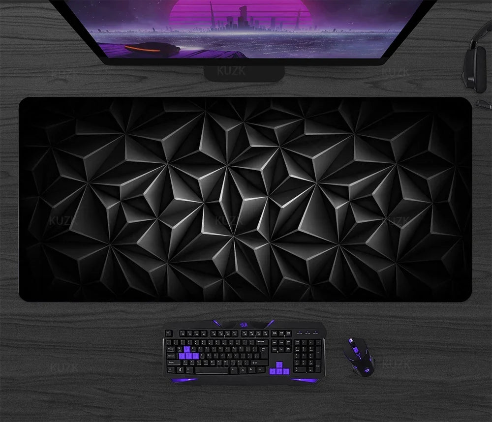 Black gaming desk mat with raised geometric-style pattern