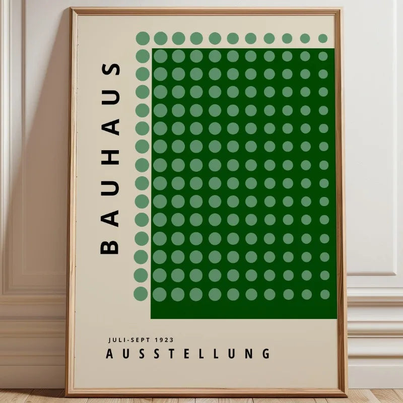 Bauhaus dot grid wall art in dark green and sage tones on a neutral background