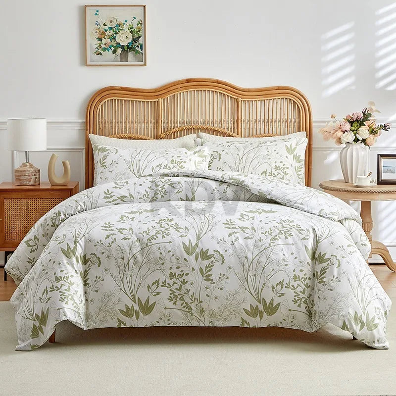 White duvet cover set with soft olive botanical floral pattern and matching pillowcases