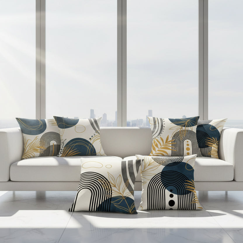 Set of four decorative pillows with geometric patterns on a white background