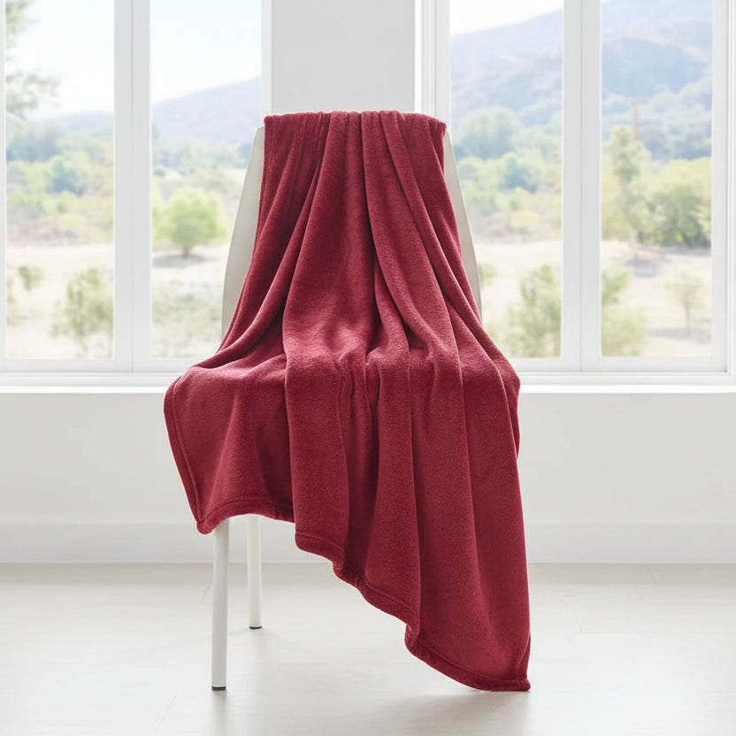 Red blanket draped over a chair in a room with large windows showing a scenic view.